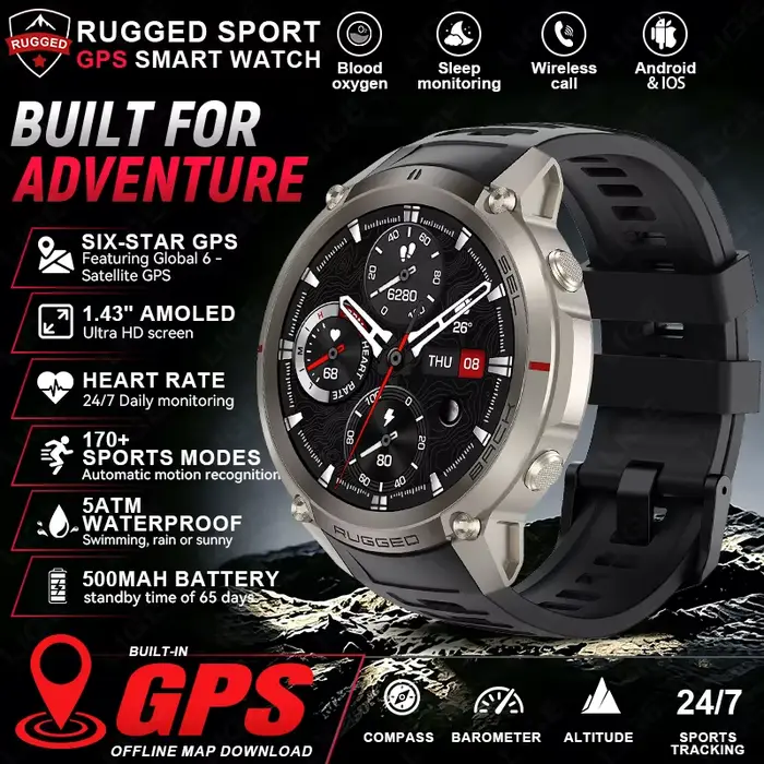 Montre connectée GPS LIGE pour extérieur, cartes hors ligne, boussole, suivi, étanche 5ATM, bracelet