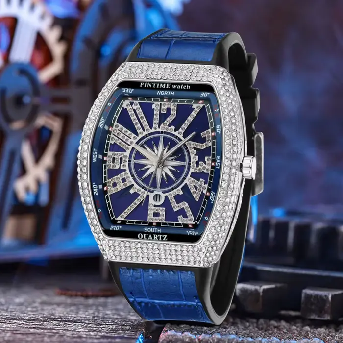Montre en diamant pour hommes, montres à quartz tonneau élégantes résistantes à l'eau et aux chocs pour différentes occasions