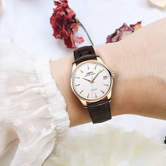 Montre-bracelet LOBINNI de luxe en acier inoxydable avec bracelet en cuir pour femmes, résistante à l'eau, mouvement automatique, pour occasions spéciales