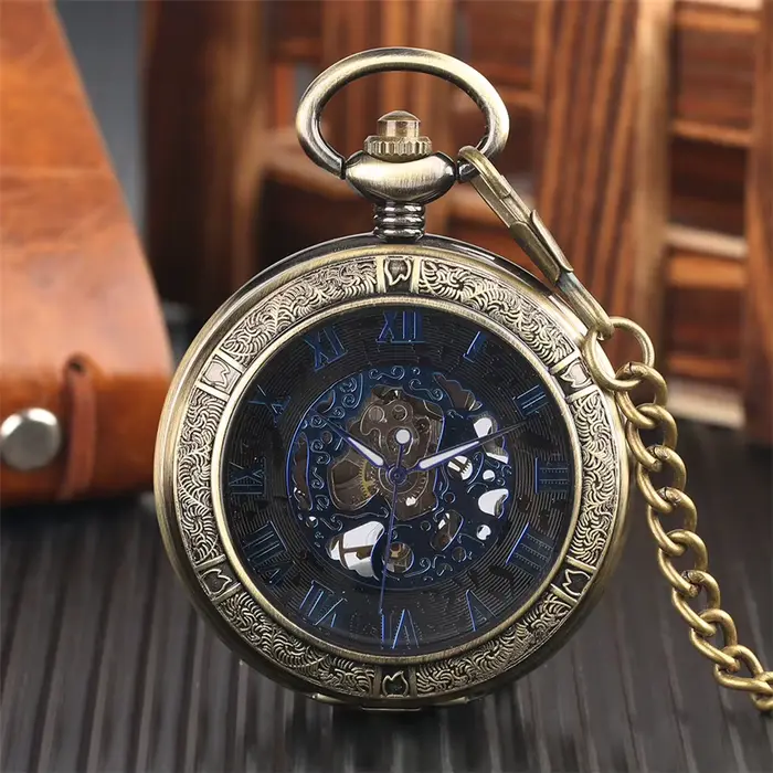 Montre de poche mécanique vintage pour hommes et femmes, affichage numérique romain bleu, pendentif 