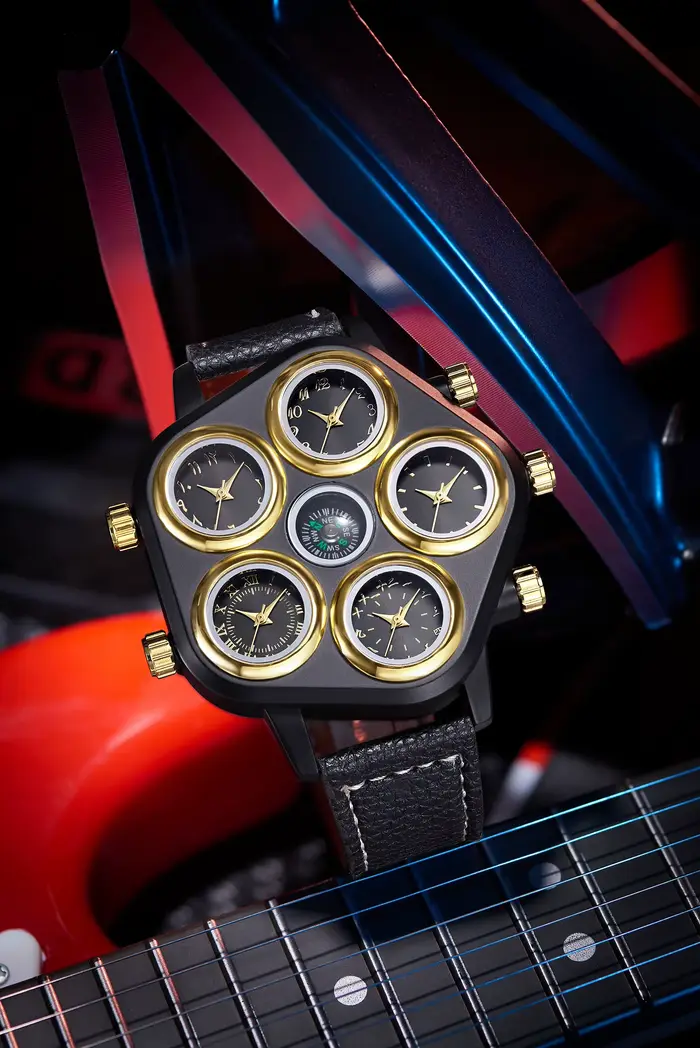 Montre à quartz pour homme à grand cadran personnalisé avec cinq cadrans et plusieurs fuseaux horaires