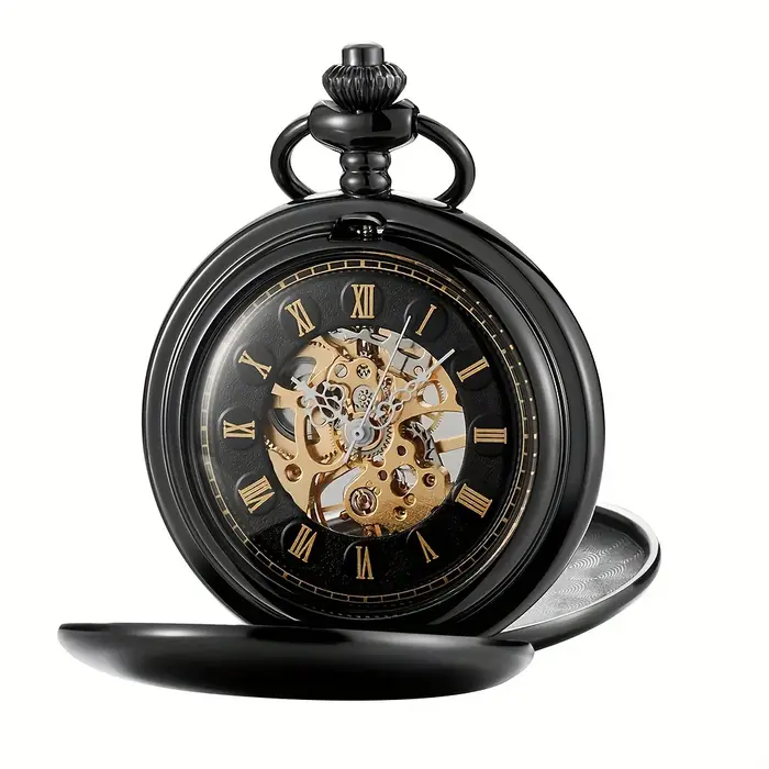 Montre de poche mécanique classique double face remontage manuel surface lisse creux chiffre romain hommes femmes