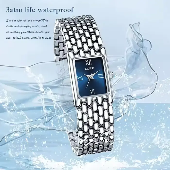 LIGE montre en argent pour femmes carré dames montres à Quartz en acier inoxydable