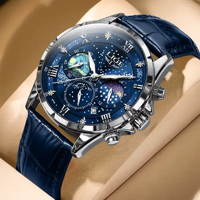 Montre classique en cuir bleu style militaire chronographe à quartz pour hommes occasions spéciales防水防震军旅风格男表