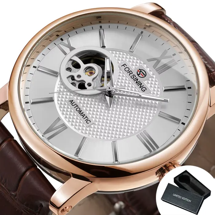 Montre mécanique squelette Forsining pour homme, cadran vert, bracelet en cuir, automatique, de luxe