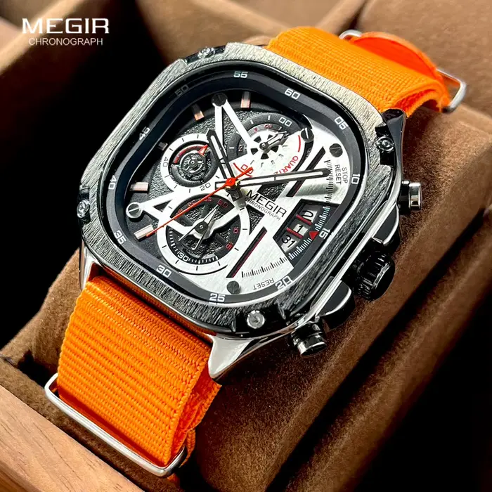 MEGIR – montre à Quartz chronographe Orange pour hommes