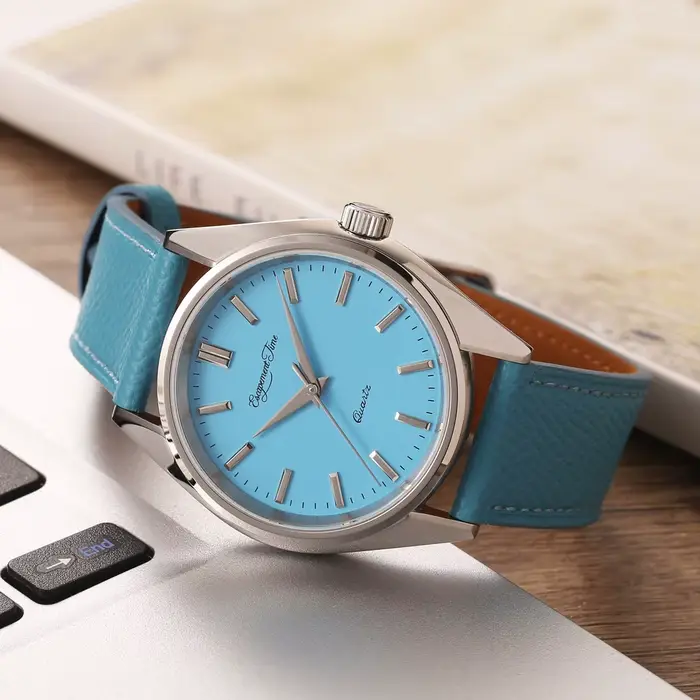 Montre Escapement Time en acier inoxydable avec bracelet en cuir pour femmes et hommes, résistante à l'eau, mouvement quartz, boîtier rond 40mm, idéale pour occasions professionnelles et formelles