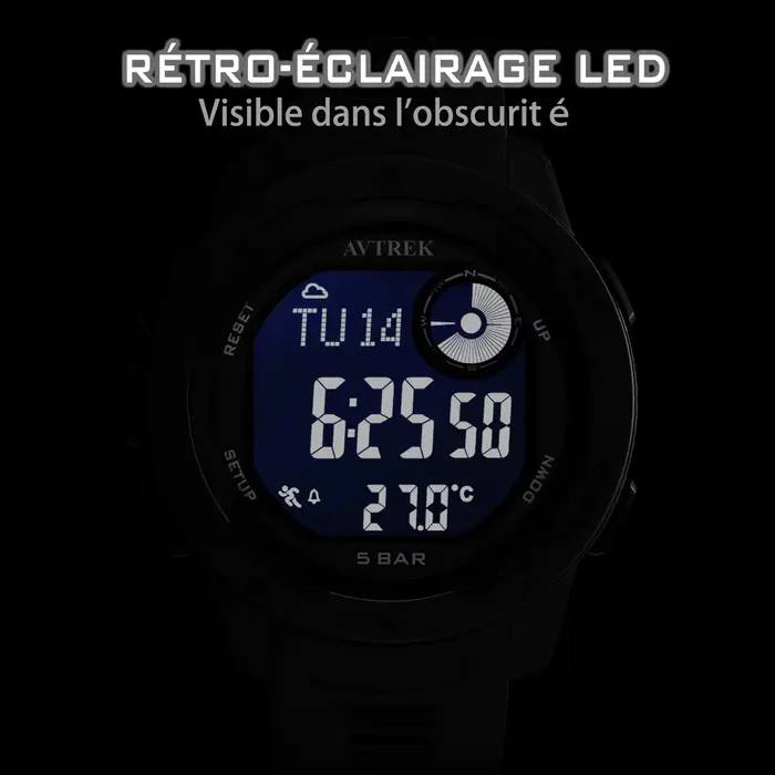 Montre numérique AVTREK pour homme avec boussole et podomètre résistante à l'eau pour activités outdoor et sports de plein air