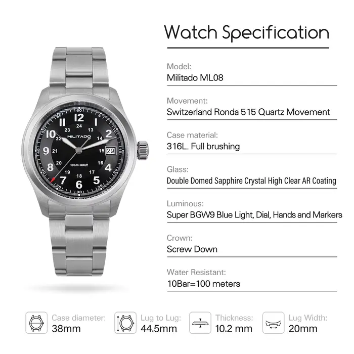 Militado ML08 montre à Quartz Ronda 515 mouvement dôme saphir montre-bracelet BGW9 lumineux 10Bar étanche 38mm montres Vintage