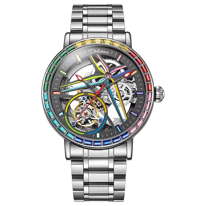 Montre Seton Tourbillon avec pierres précieuses colorées arc-en-ciel pour homme, montres de sport ét