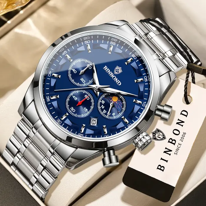 Montre-bracelet à quartz de luxe BINBOND pour homme, chronographe lumineux et étanche, durable, tend