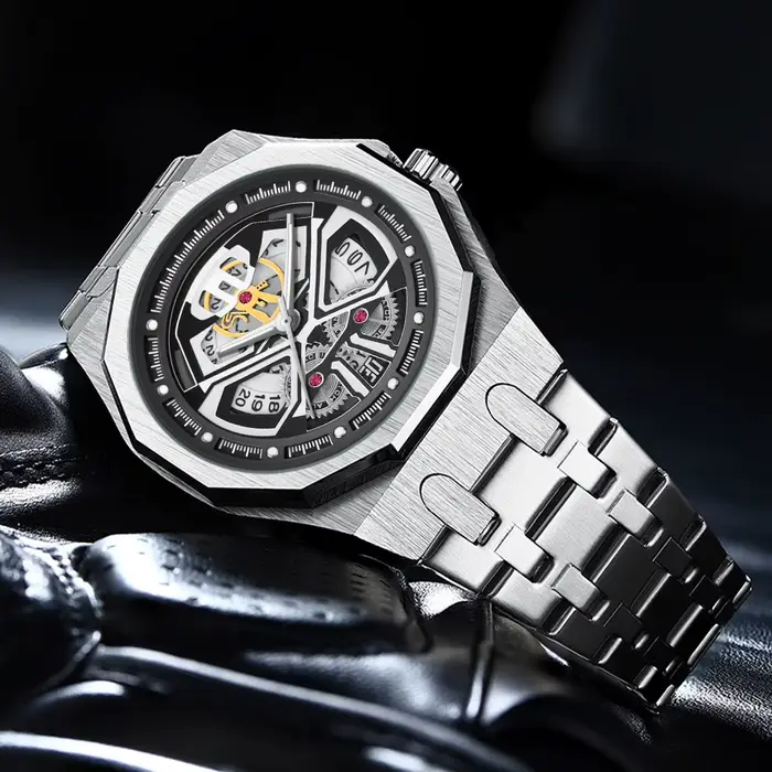 Montre-bracelet vintage PINTIME avec cadran engrenage et aiguilles rectangulaires pour homme occasions spéciales et quotidienne
