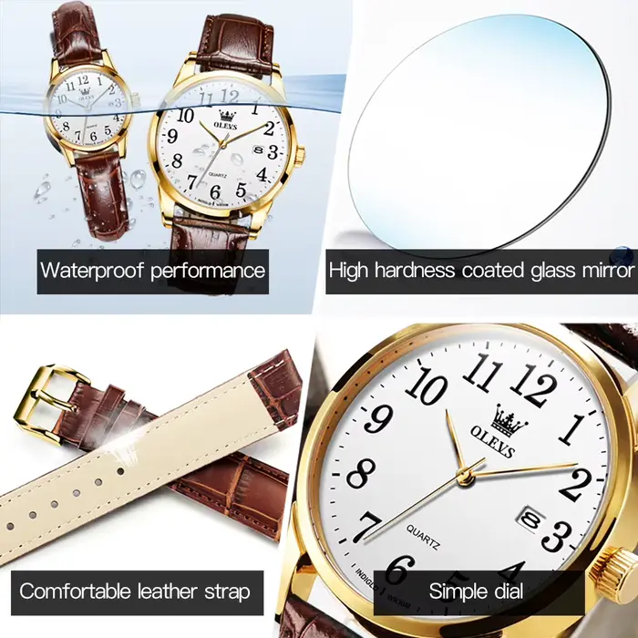 Montre OLEVS Quartz Sport Résistante à L'eau Bracelet Cuir Pour Hommes Femmes Occasions Spéciales
