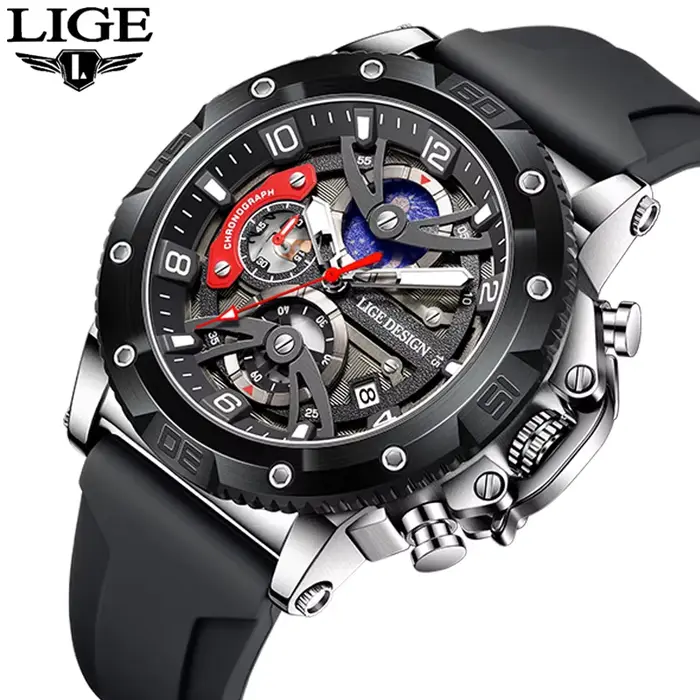 LIGE 2025 nouvelles montres pour hommes mode sport date chronographe montre à quartz bracelet en silicone étanche