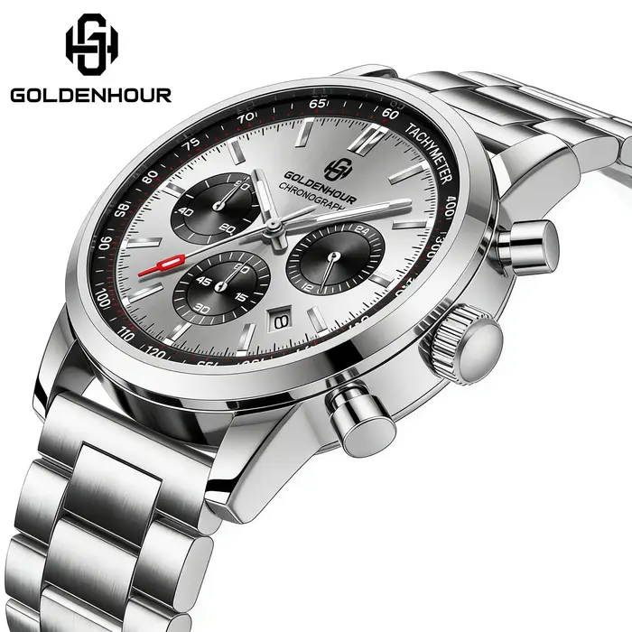 Montre GOLDEN HOUR en acier inoxydable avec fonction chronographe lumineuse et résistance à l'eau pour homme occasions spéciales et mode décontracté
