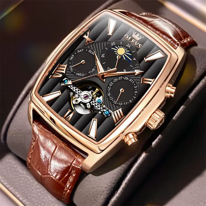 OLEVS luxe cadran rectangulaire montres mécaniques étanche en cuir automatique montre lumineuse homm