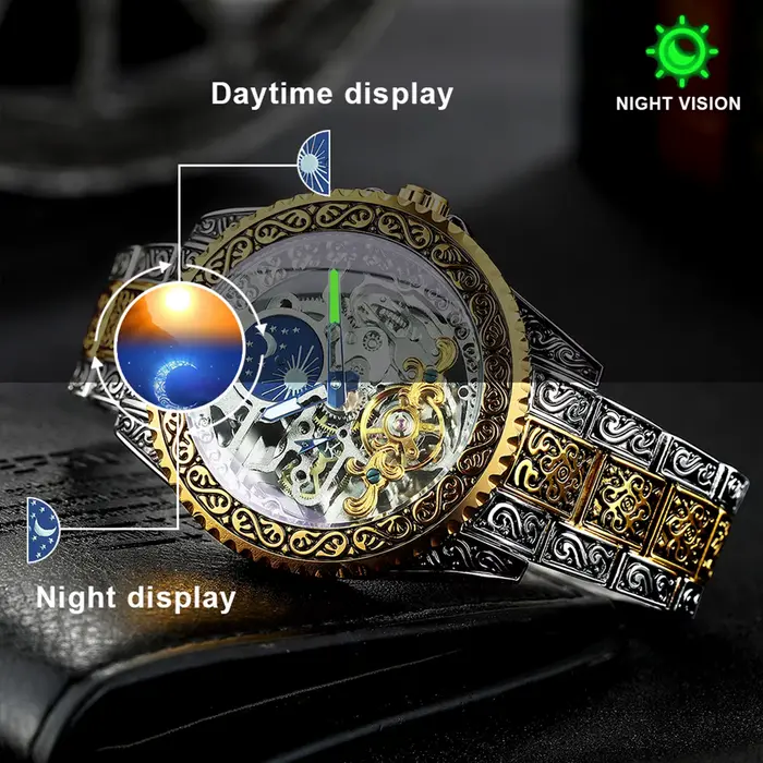 WINNER luxe Phase de lune Tourbillon squelette montres mécaniques or gravé automatique hommes montre bracelet en acier inoxydable lumineux