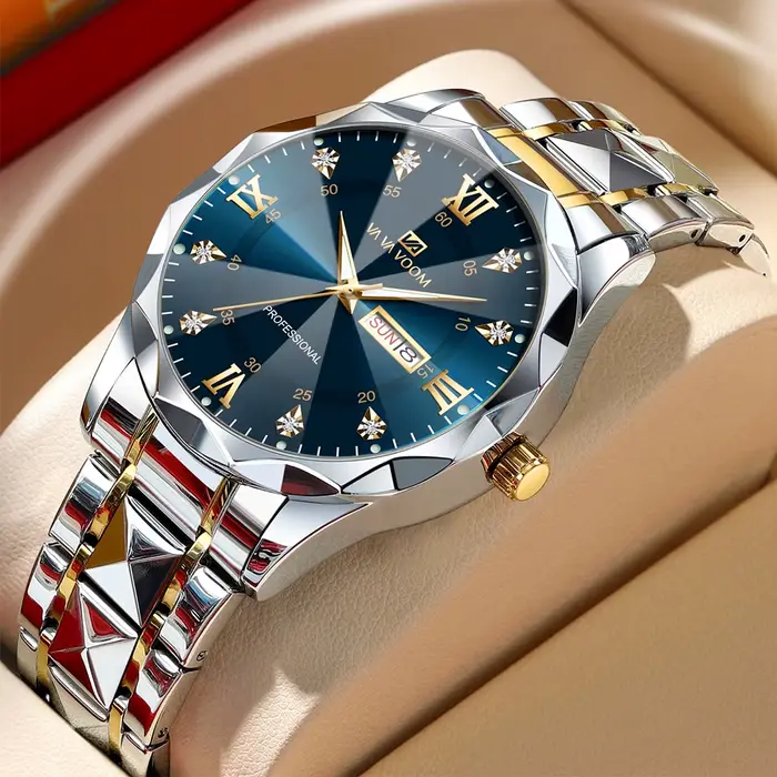 Montre de luxe en acier inoxydable avec diamants pour homme style affaires résistante à l'eau et lumières nocturnes multifonctionnelle quartz or bronze café multicolore rose