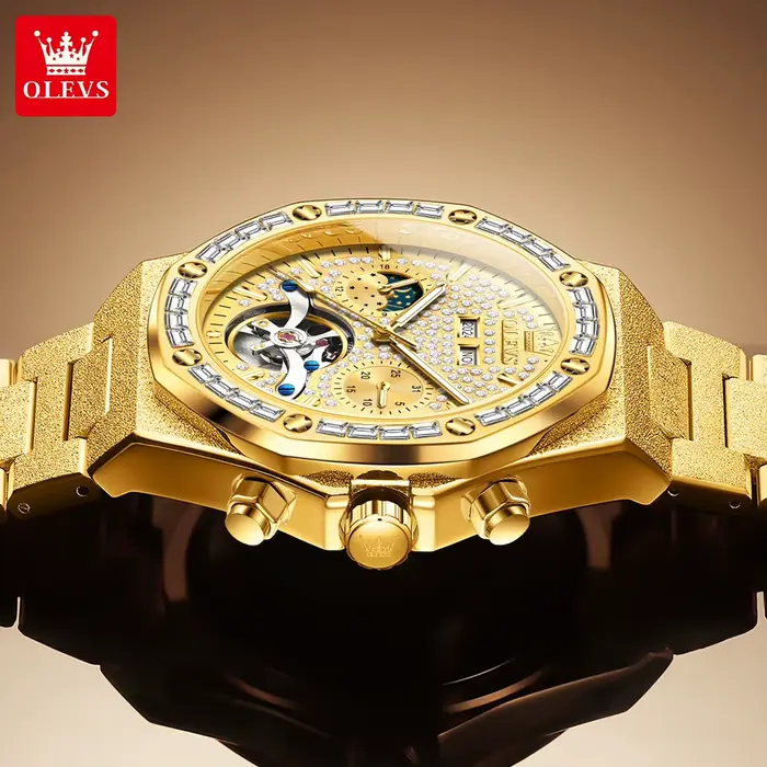 Montre OLEVS Tourbillon Automatique Luxe Hommes avec Tourbillon Squelette Lumineux Calendrier Complet et Phase de Lune Occasions Spéciales