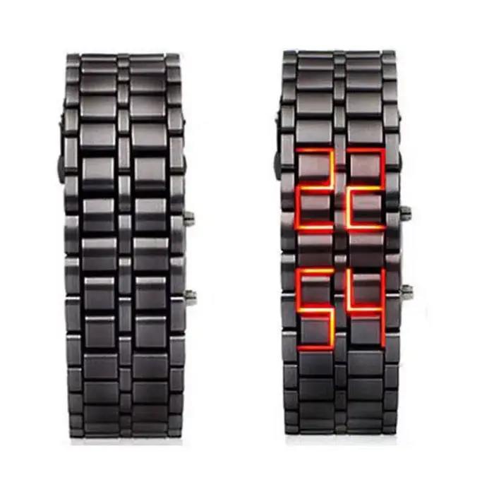 Mode noir entièrement en métal numérique lave montre-bracelet hommes rouge/bleu LED affichage