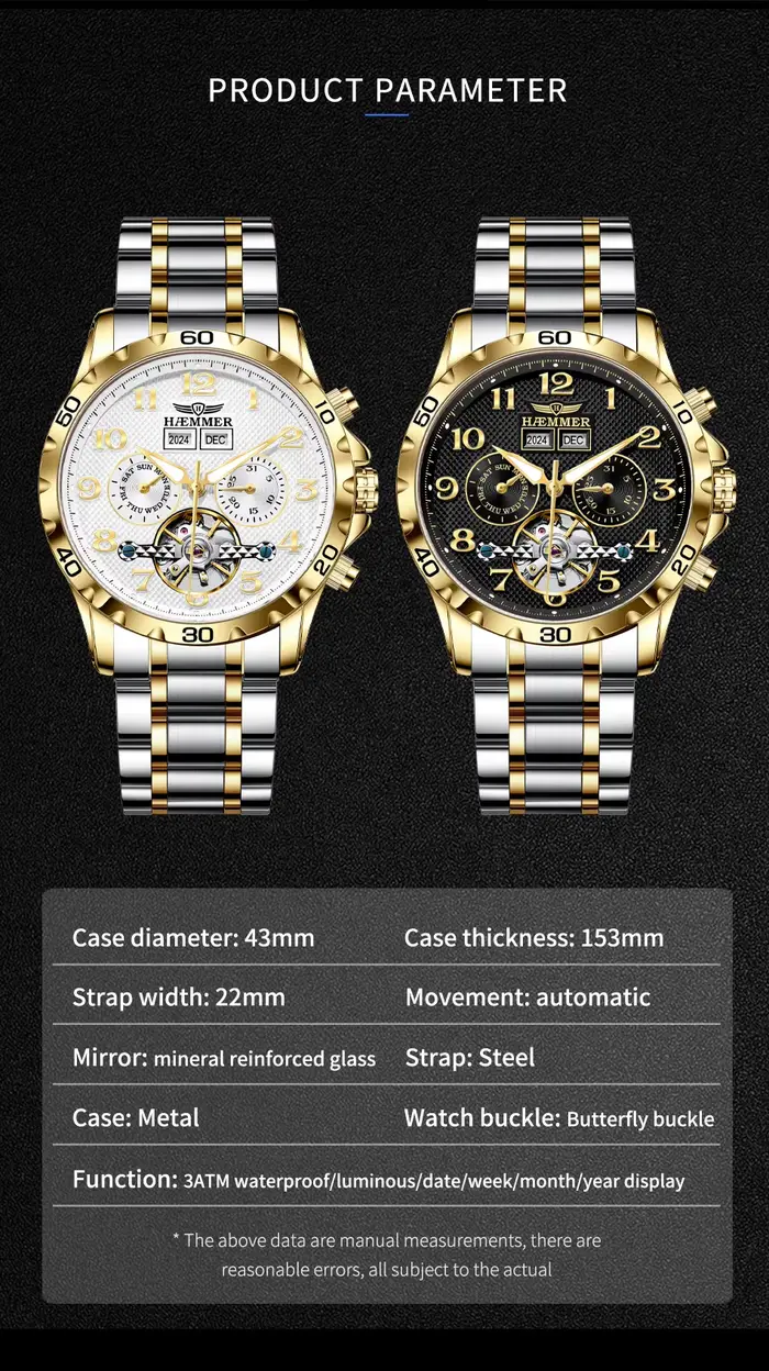 Montre mécanique multifonction automatique homme acier inoxydable résistante à l'eau avec calendrier et affichage semaine élégante multifonctionnelle pour homme occasions spéciales