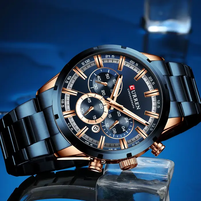 Curren montre pour hommes cadran bleu bracelet en acier inoxydable Date