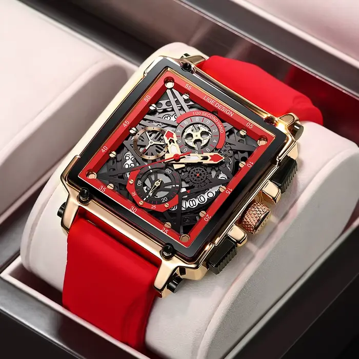 Montre sportive homme hollow carrée résistante à l'eau avec bracelet silicone et mouvement quartz haute précision occasions spéciales