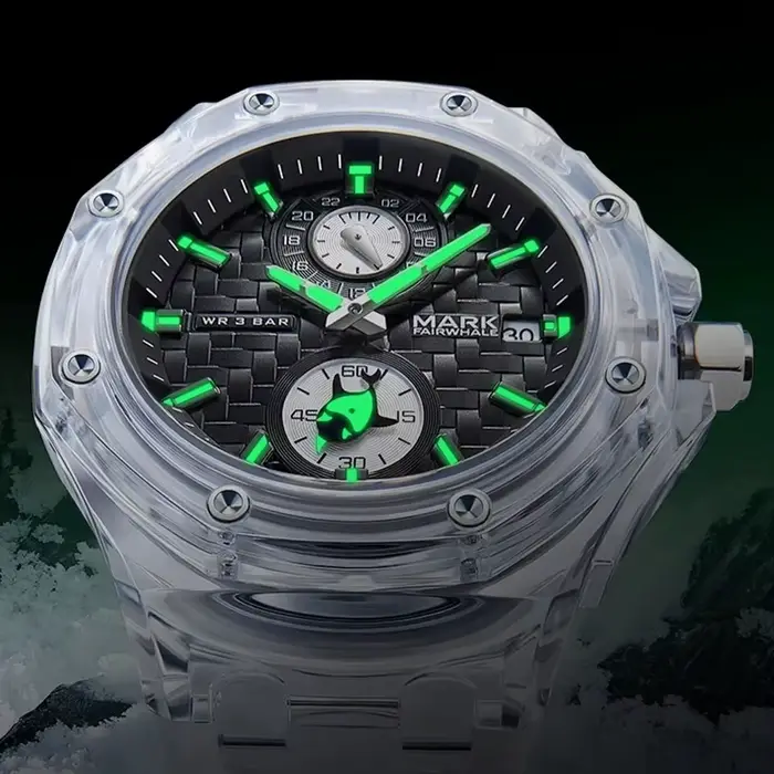 Mark Fairwhale 5830 boîtier acrylique Transparent montre à Quartz lumineuse Sport montres étanches pour hommes pointeur baleine Relogio Mascuo