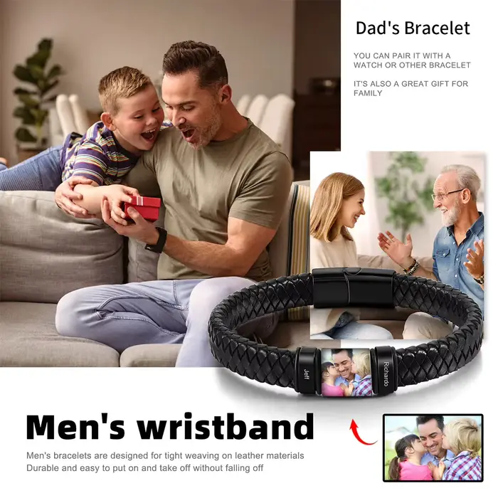 Bracelet en cuir personnalisé avec photo et nom gravé