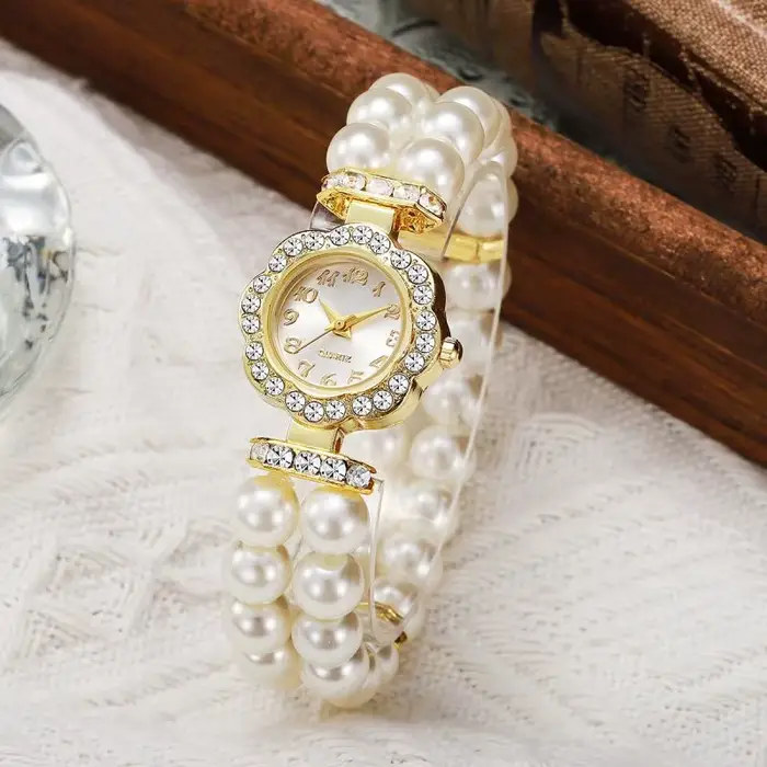 Montre élastique à double rangée de perles imitation