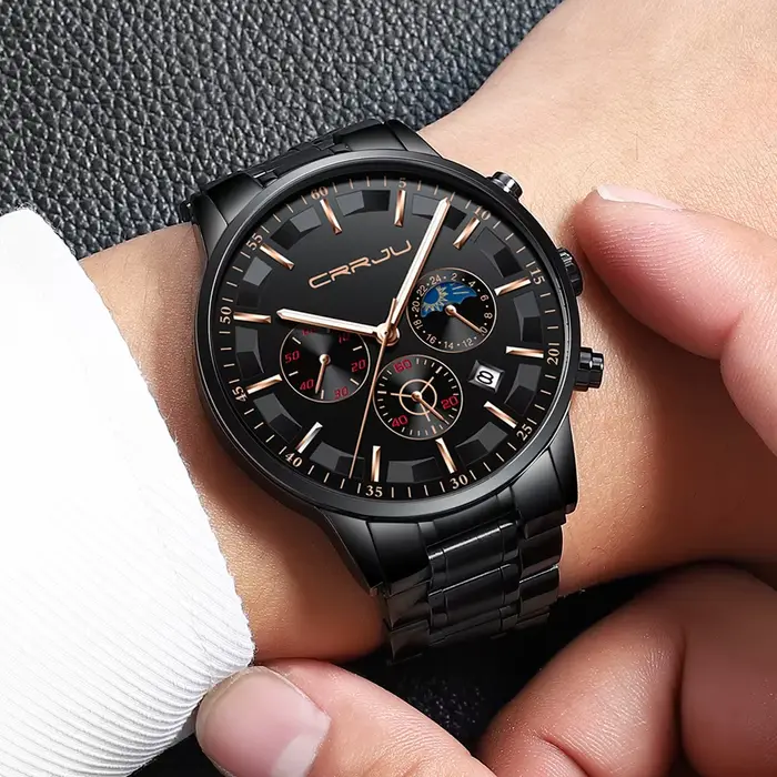 CRRJU-Montre à quartz étanche en acier pour homme, montres de sport, horloge noire, mode d'affaires, marque supérieure, luxe