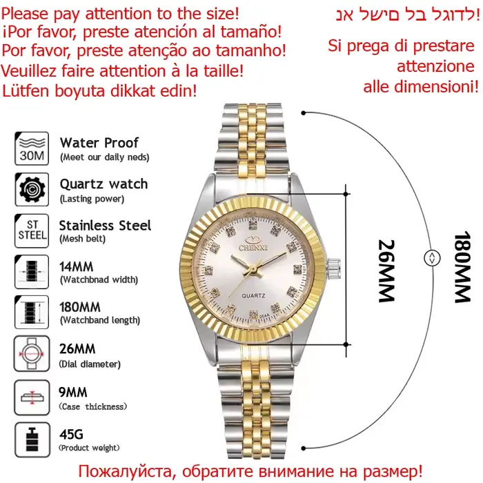 Montre CHENXI dorée en acier inoxydable pour femmes élégantes et résistantes à l'eau pour différentes occasions et styles