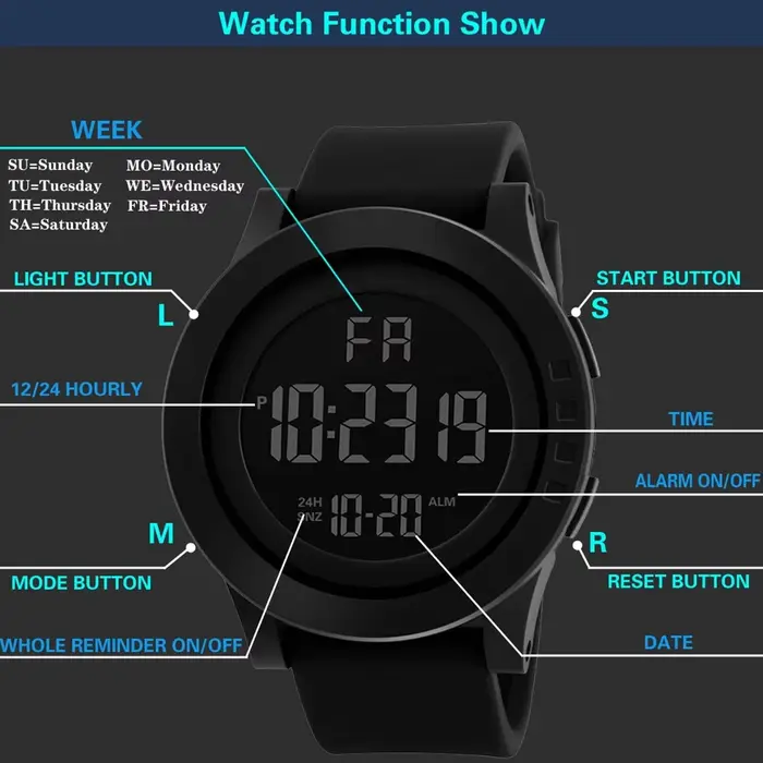 Montre numérique LED noire avec cadran grand et bracelet en caoutchouc pour hommes et femmes occasions spéciales
