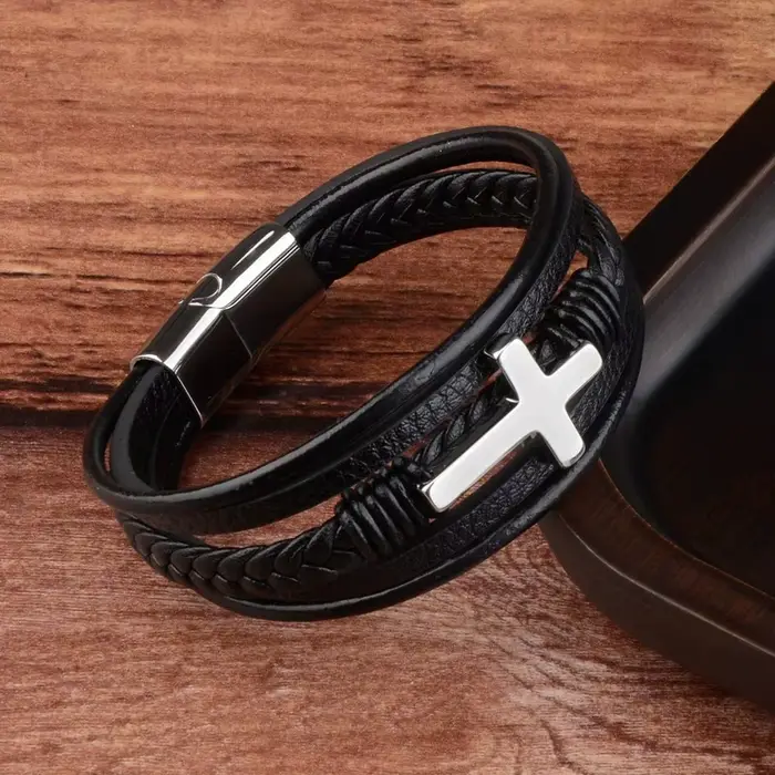 HNSP – Bracelet en cuir et métal croisé pour hommes, accessoires de bijoux