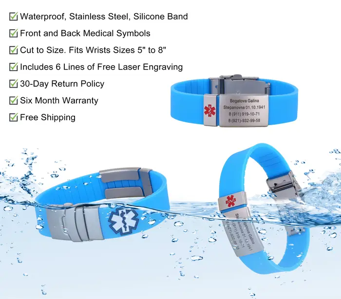 Bracelet d'alerte médicale personnalisé plaqué argent silicone ajustable pour homme femme sport sécurité urgences occasions spéciales