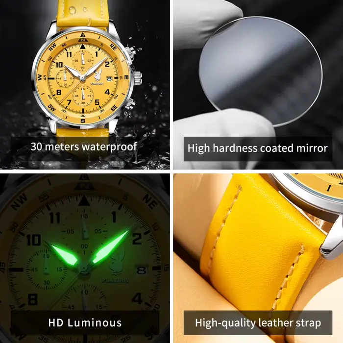 Montre PLAYBOY à Quartz Luxe Homme Bracelet Cuir Décontracté Chronographe Sport Occasions Spéciales