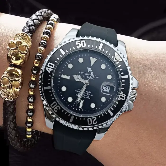 Montre LUOLINGONGJUE Mécanique Luxe Haut de Gamme Hommes Design Squelette Bracelet Silicone Cadran Rond Occasions Spéciales