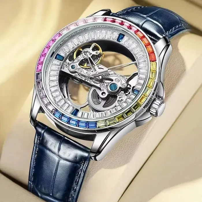 Montre Daniel Gorman de Luxe pour Hommes avec Diamants Colorés Nouvelle Collection Montres Mécaniques Ajourées Style Hip-Hop Bling Pour Soirées