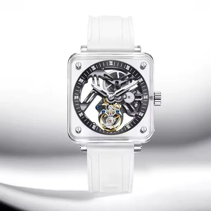 PINDU véritable Tourbillon mouvement saphir miroir hommes montres boîtier Transparent bracelet en caoutchouc étanche