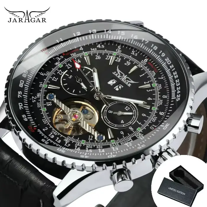 Jaragar montre automatique de sport militaire pour hommes cadran multifonction Tourbillon squelette 
