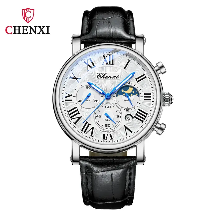 CHENXI 973 hommes montre à Quartz mode affaires Phase de lune Date multifonctionnel chronographe bracelet en cuir
