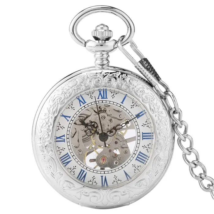 Montre de poche antique en argent mécanique avec mouvement ventilation manuel et affichage de chiffres romains bleus pour hommes et femmes occasions spéciales cadeaux pour personnes âgées