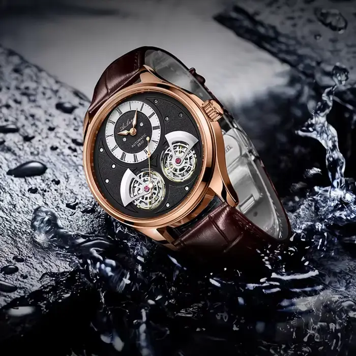 Montre mécanique Daniel Gorman pour homme à double tourbillon rotatif, mouvement automatique, résistante à l'eau, montre pilote avec affichage squelette et numérotation romaine pour homme