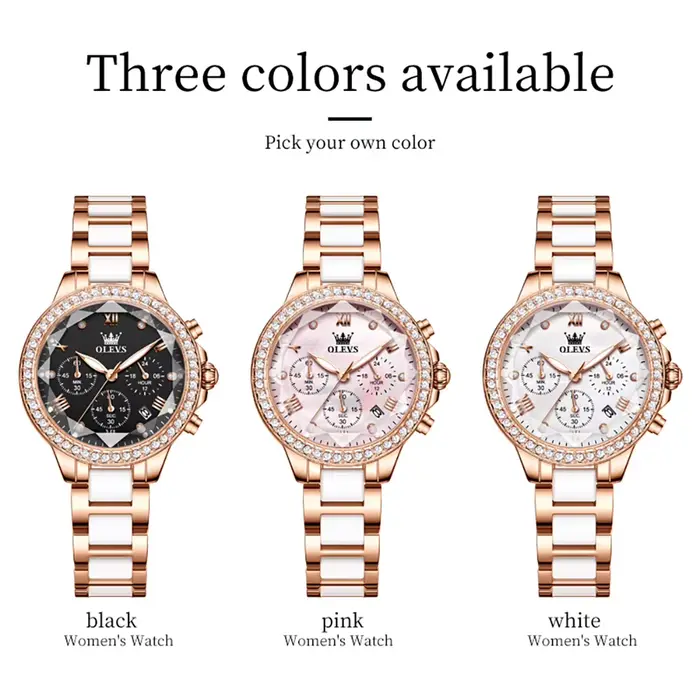 Montre OLEVS Quartz Élégante avec Fonction Chronographe et Calendrier Complet Bracelet Acier Inoxydable pour Femmes Occasions Spéciales