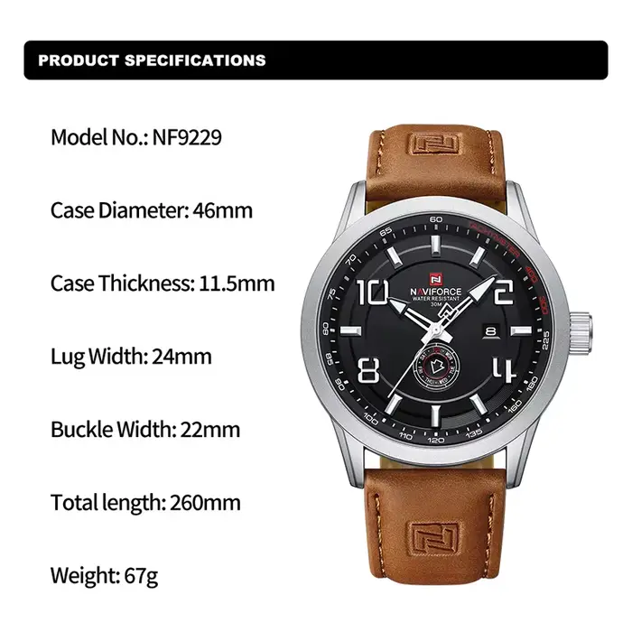 NAVIFORCE tendance montre-bracelet décontractée pour homme sport militaire bracelet en cuir résistant à l'eau horloge