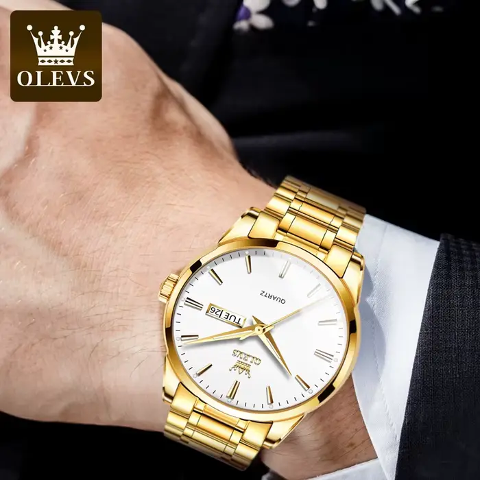 OLEVS classique or montres pour haut de gamme de luxe affaires en cuir étanche lumineux en acier inoxydable hommes montre-bracelet à Quartz