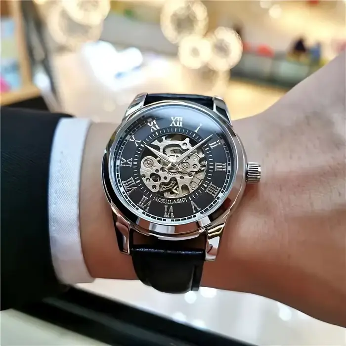 Montre mécanique automatique élégante pour homme avec design squelette - Bracelet en cuir