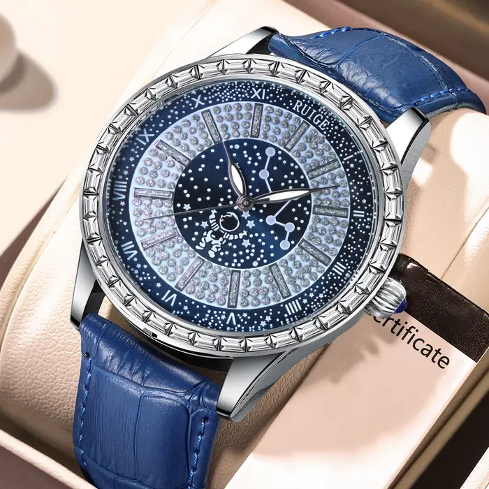 RUIGE-Montre à quartz en cuir véritable pour homme, montre-bracelet étanche, montre bleue