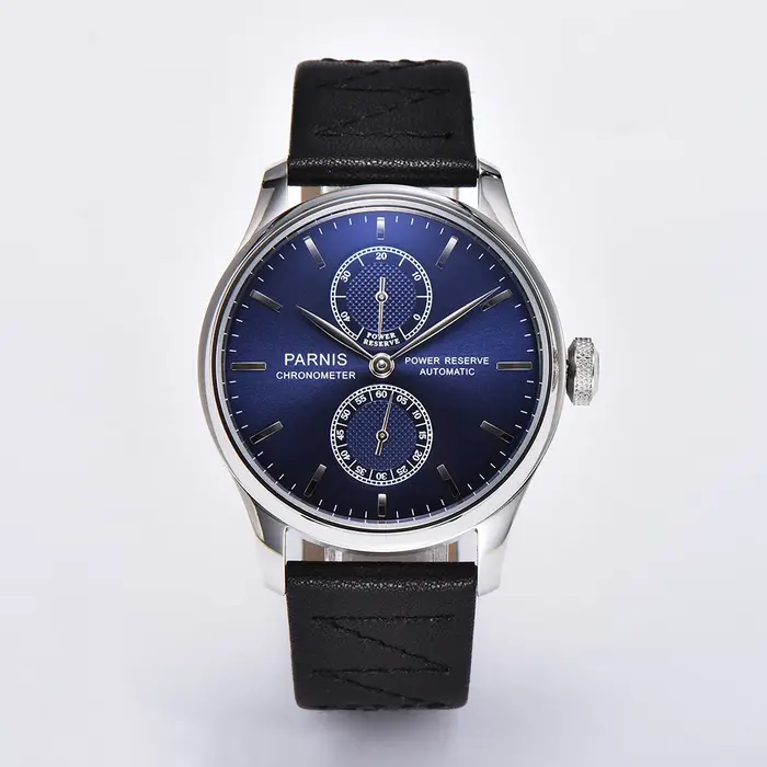 Nouvelle mode Parnis 43mm cadran bleu automatique montre pour hommes réserve de marche montres mécaniques bracelet en
