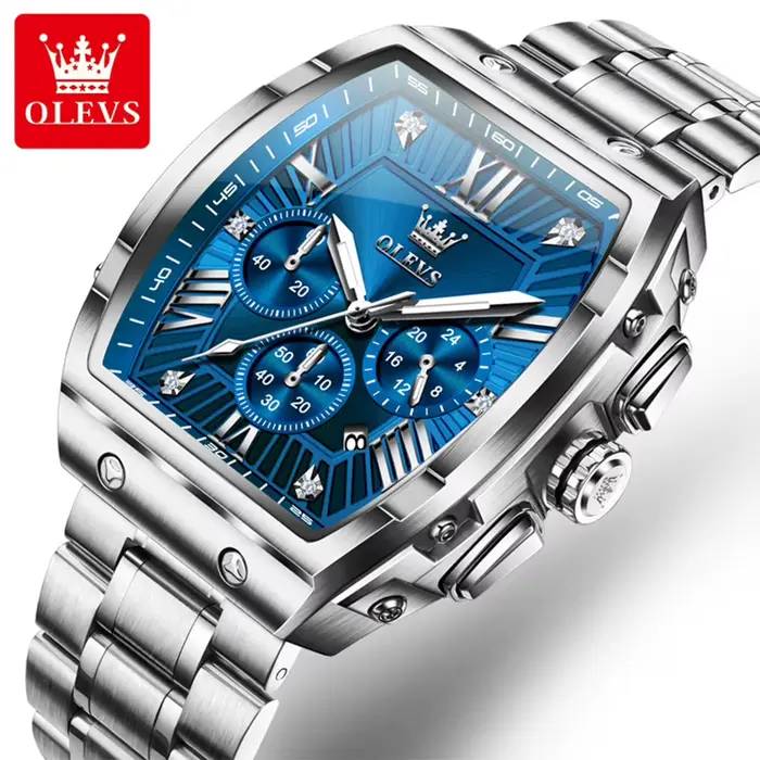 OLEVS nouveau Design Tonneau montre hommes lumineux étanche Date en acier inoxydable chronographe mo